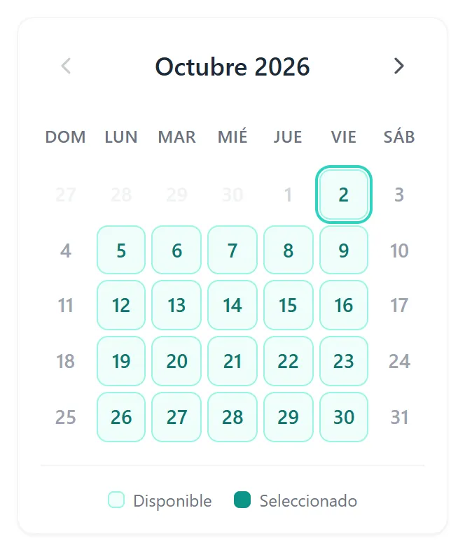 El calendario de la página de reservas, con los días disponibles