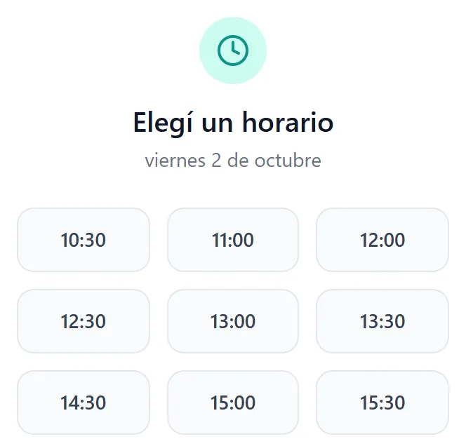 "Elegí un horario", con los horarios libres del día