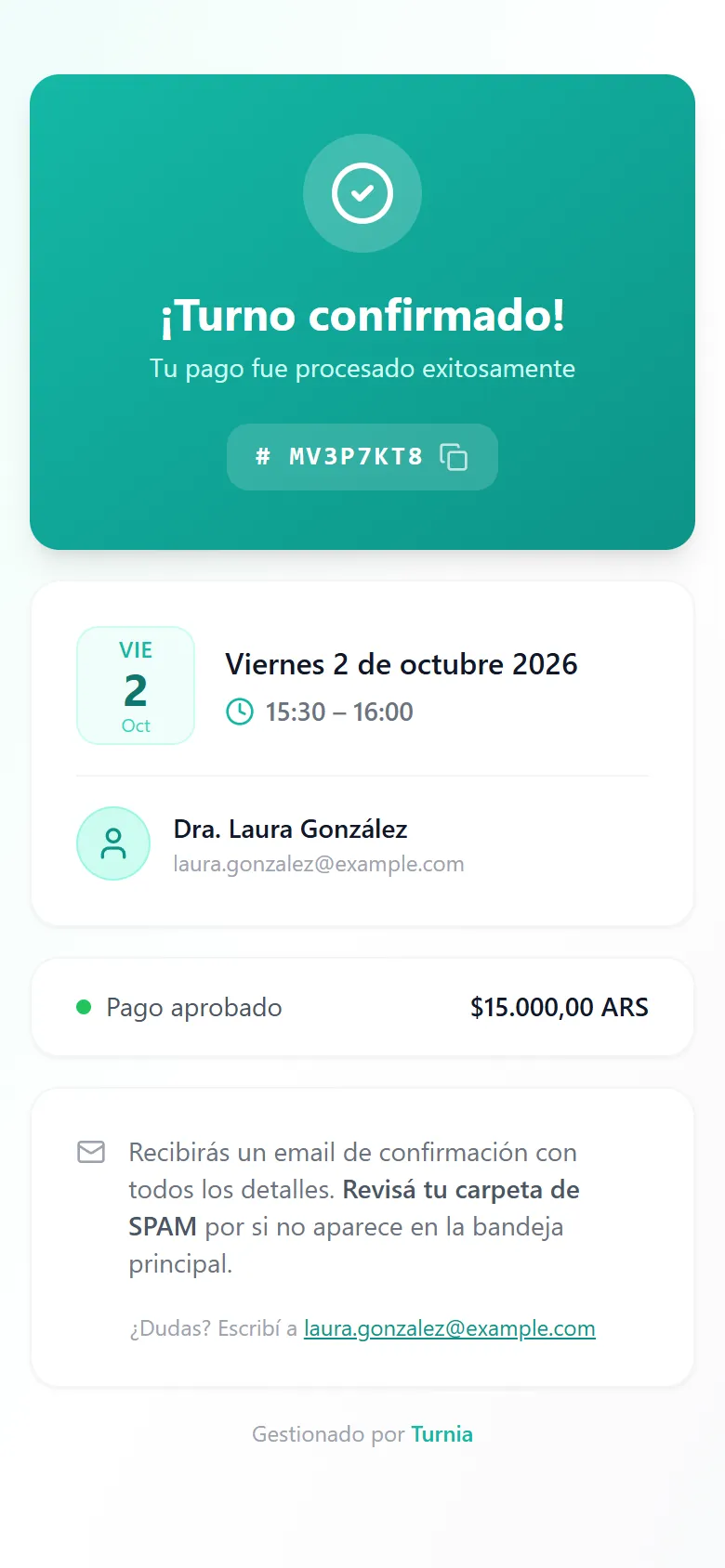 Celular de una paciente con la pantalla de Turnia "¡Turno confirmado!", después de pagar la consulta con Mercado Pago